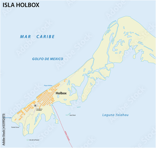 Map of the Mexican holiday island of Holbox in the north of the Yucatan Peninsula, Mexico