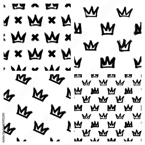 Set of 4 seamless patterns with ink painted crown doodles. Grunge graffiti street style vector wallpapers. 