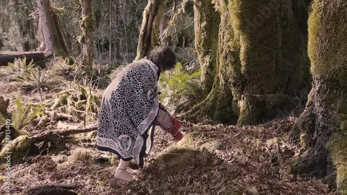 Woman shaman standing then kneeling to honor the nature spirits and her ancestors for the rainforest abundance photo