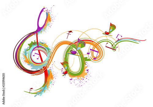 Abstract musical design with a treble clef and colorful splashes and waves. Hand drawn vector illustration.