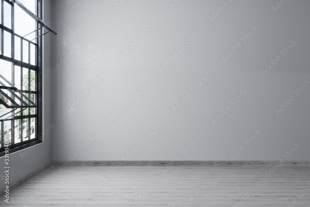 Empty room for mockup. Empty room with light gray wall and wooden floor. Loft. 3d rendering - obrazy, fototapety, plakaty 