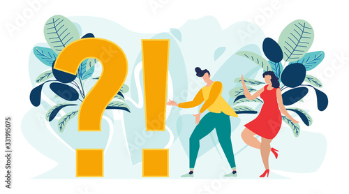 People standing near exclamations and question Marks. Woman and Man ask questions and receive answers. Online support center. Frequently asked questions Concept. Flat Vector Illustration.