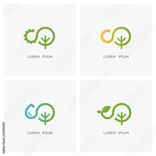 Nature logo set. Gear wheel, sun, drop of water, sprout with leaves and tree or plant symbol - ecology, environment and industry, green power and clean energy, agriculture and cultivation icons.