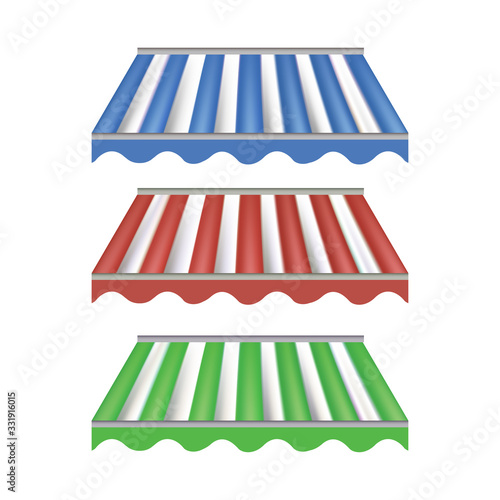 Set of different striped awnings isolated on white background, color vector illustration. Outdoor canopy with various edges. Marketplace tent roof, template for design.