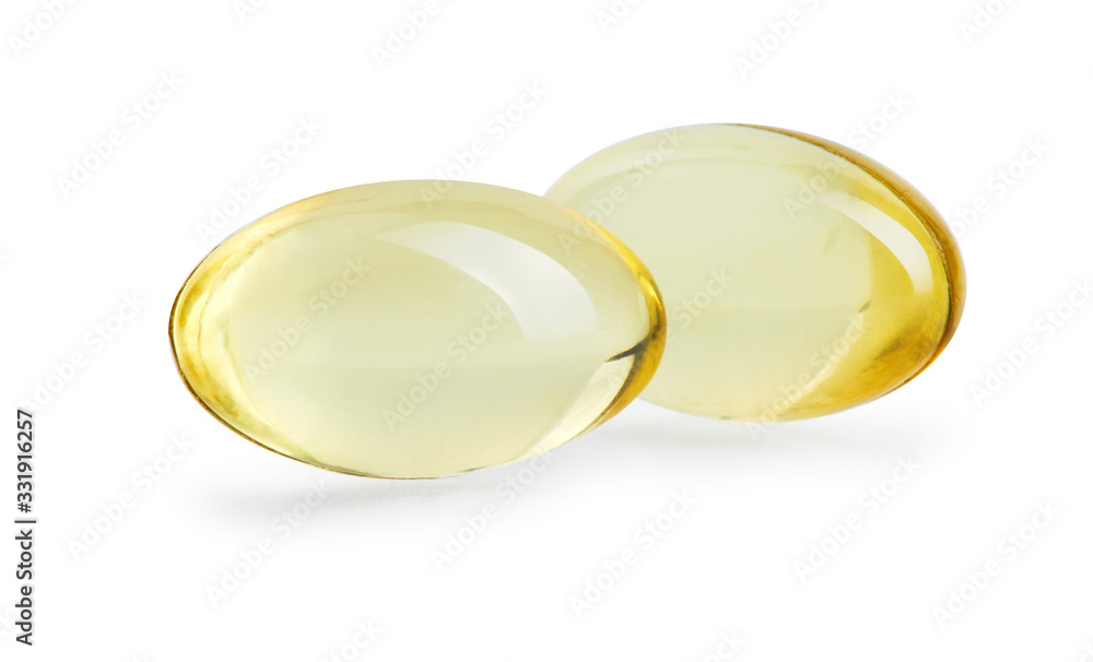Cod liver oil omega 3 gel capsules isolated on white background. Fish Oil. Macro, close up Cod liver oil omega 3 gel capsules isolated on white background. Fish Oil. Macro, close up