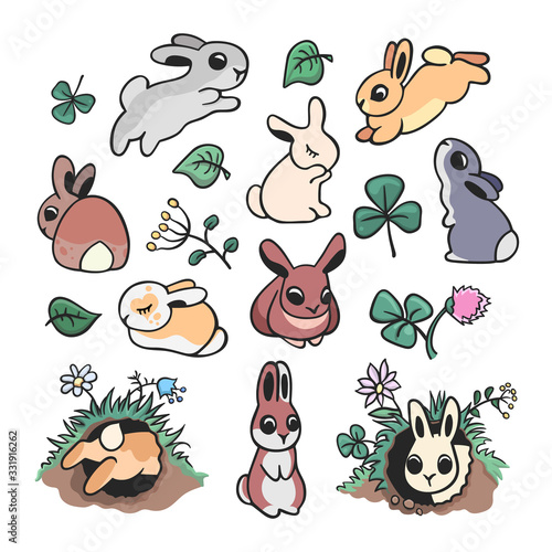 Colorful set of sixteen bright doodle elements of bunnies and plants. Vector illustration  isolated on clear background for design.