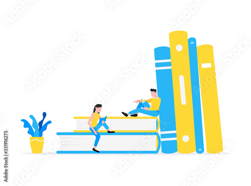 Tiny literature fans sitting on big books flat style design vector illustration isolated on white background. Book festival or students education concept.