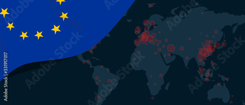 Corona virus covid-19 pandemic outbreak world map spread with flag of EU Europe Union illustration