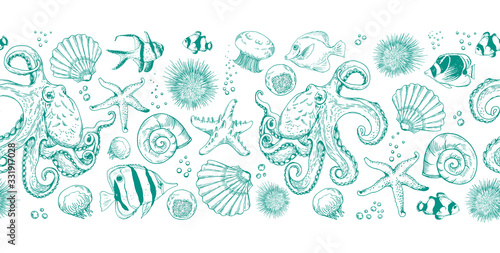 Seamless horizontal border with octopuses, shells, fishes and underwater creatures.