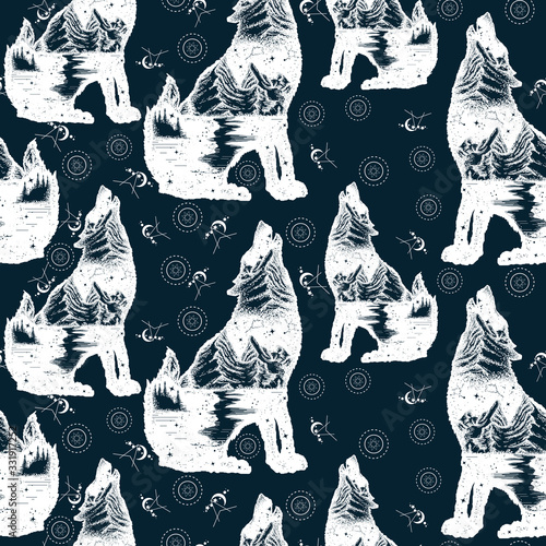 Wolf double exposure. Seamless pattern. Packing old paper, scrapbooking style. Vintage background. Medieval manuscript, engraving art. Symbol tourism, travel, adventure, outdoor
