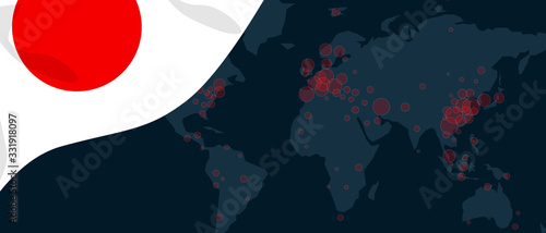 Japan Corona virus covid-19 pandemic outbreak world map spread with flag of Japanese illustration