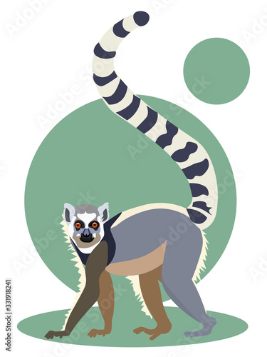 Animal lemur isolated on a green background. Flat style. Cartoon raster