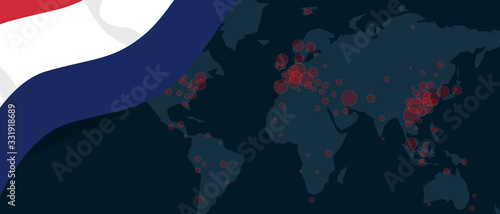 Corona virus covid-19 pandemic outbreak world map spread with flag of Netherlands Dutch illustration