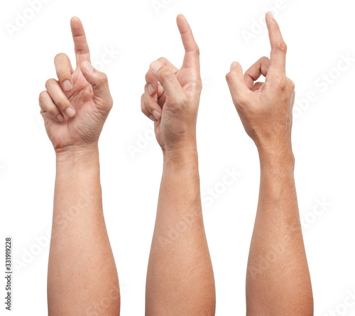 Group of Male Asian hand gestures isolated over the white background. Pointing Visual Touch Action.