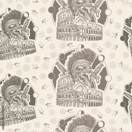 Spartan helmet crossed swords, shield and Colosseum. Seamless pattern. Packing old paper, scrapbooking style. Vintage background. Medieval manuscript, engraving art. Symbol of Ancient Rome