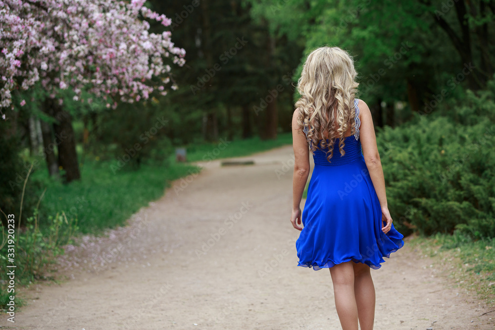 beautiful stylish girl in bright blue dress and high heeled shoes back view. beautiful blonde woman in short dress walking in the park in sunny day. sexy woman in short blue dress outdoors back view beautiful stylish girl in bright blue dress and high heeled shoes back view. beautiful blonde woman in short dress walking in the park in sunny day. sexy woman in short blue dress outdoors back view