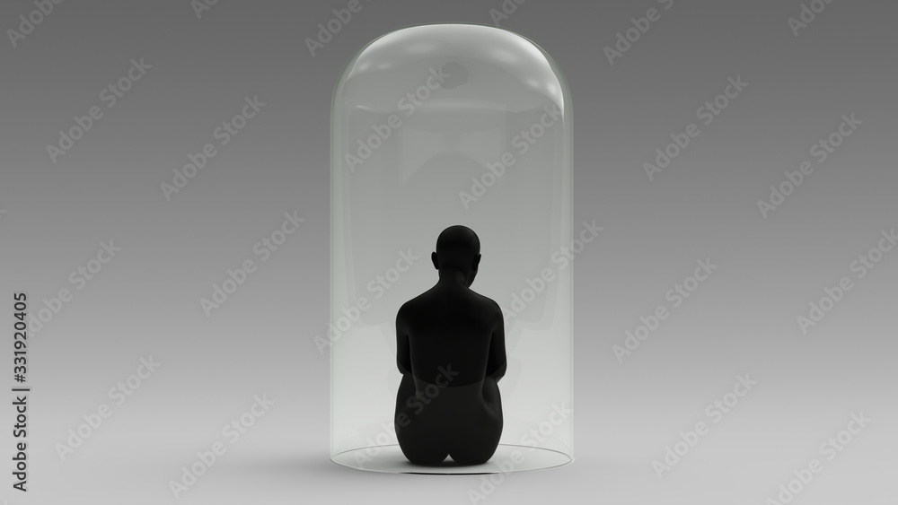Self Isolation Black Woman Sitting Down in a Giant Bell Jar 3d illustration 3d render - obrazy, fototapety, plakaty 