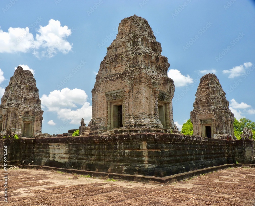 Ruins of Angkor, yellow stone pyramid before blue sky, Ta Keo, Angkor Wat, Cambodia