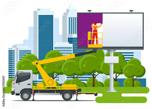 Isometric Yellow Engine Powered Scissor Lift. Worker with the help of an automobile tower change a poster on a billboard.