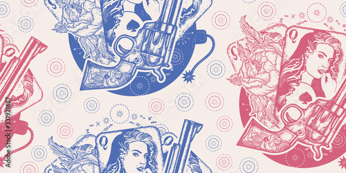 Revolver, playing cards, beautiful girl and bomb. Seamless pattern. Packing old paper, scrapbooking style. Vintage background. Medieval manuscript, engraving art. Casino, criminal and mafia