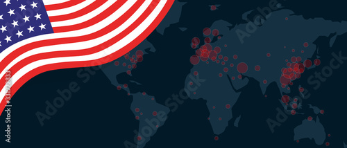 Corona virus covid-19 pandemic outbreak world map spread with flag of USA United States of America illustration