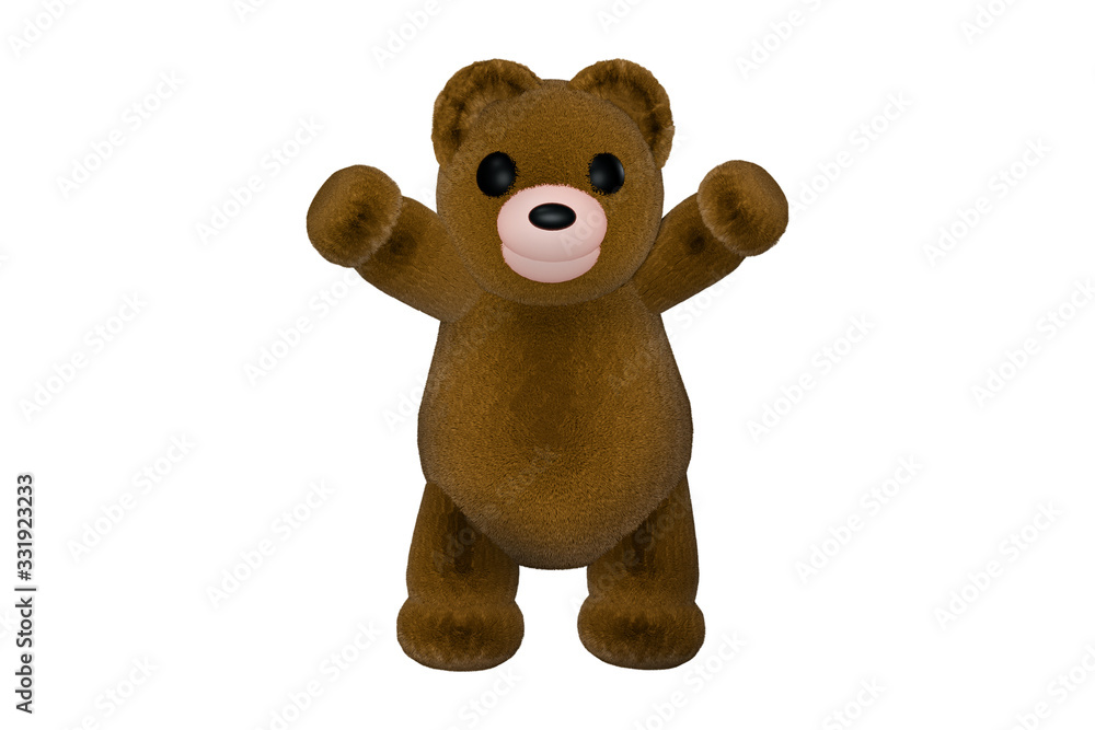 BROWN TEDDY BEAR 3D RENDERING ILLUSTRATION. Short hair bear doll standing and raise 2 hands. Cute funny animal toy character. Cheerful cartoon on isolated white background.