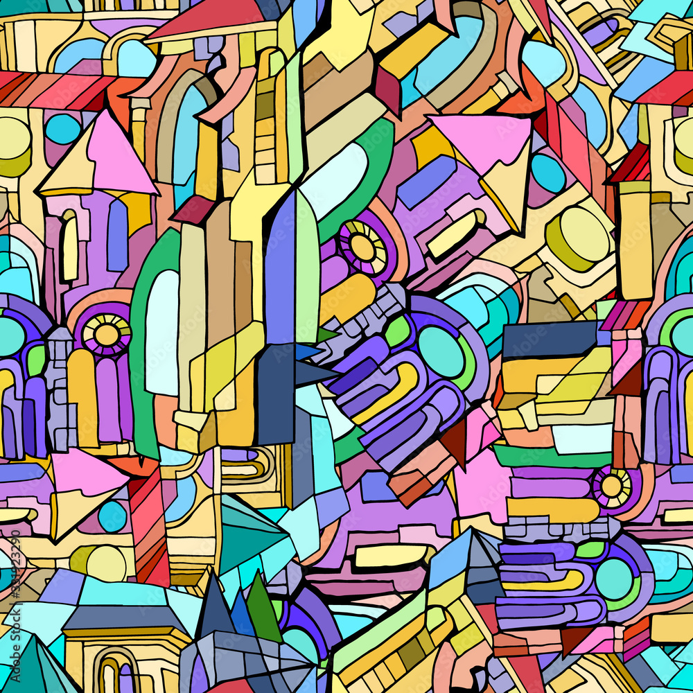 Abstract colorful illustration with fictional Gothic city with towers and stained glass windows. Hand drawn.