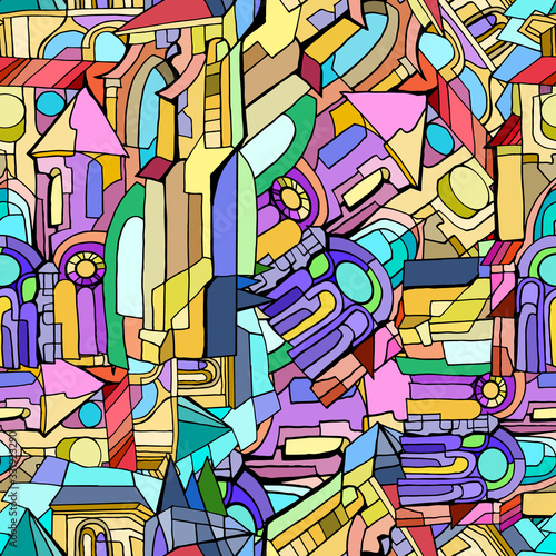 Abstract colorful illustration with fictional Gothic city with towers and stained glass windows. Hand drawn.