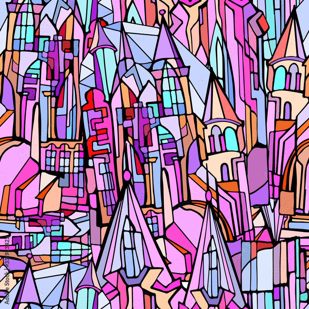 Abstract colorul illustration with stained glass sketches of fictional Gothic city. Hand drawn. Abstract colorul illustration with stained glass sketches of fictional Gothic city. Hand drawn.