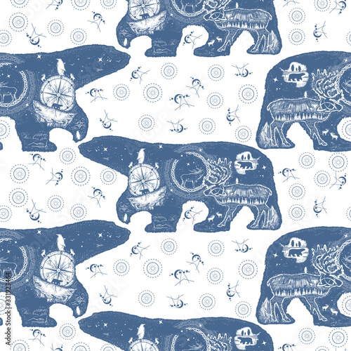 Polar bear double exposure. Seamless pattern. Packing old paper, scrapbooking style. Vintage background. Medieval manuscript, engraving art. Symbol of Arctic, Antarctica, tourism, adventure