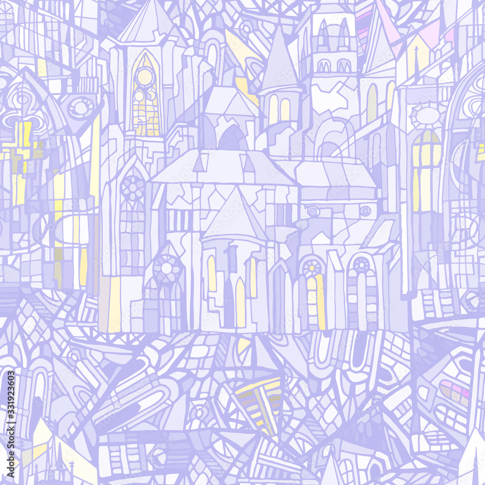 Abstract colorul illustration featuring fictional Gothic city architecture elements such as towers and stained glass windows. Hand drawn.
