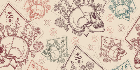Sierkussen Doodshoofd met bloemen patronen Middeleeuwse schedel gravure met bloemen  © intueri