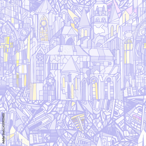 Abstract colorul illustration featuring fictional Gothic city architecture elements such as towers and stained glass windows. Hand drawn.