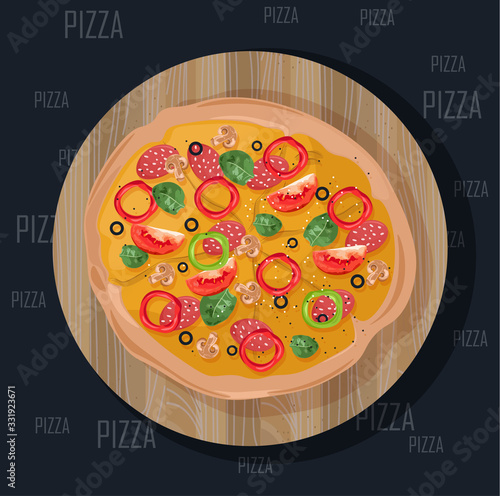 Pizza on black background. Delicious vector flat style illustrations