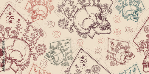 Human skull through which flowers. Seamless pattern. Packing old paper, scrapbooking style. Vintage background. Medieval manuscript, engraving art. Symbol of life and death