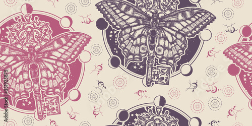 Butterfly and vintage key. Seamless pattern. Packing old paper, scrapbooking style. Vintage background. Medieval manuscript, engraving art. Mystical symbol of freedom, spiritual search, flight, travel