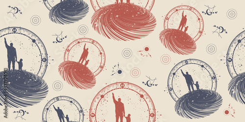 Father teaches son to dream. Seamless pattern. Universe and people. Packing old paper, scrapbooking style. Vintage background. Medieval manuscript, engraving art