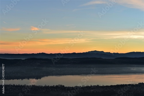 morning mood over lake zurich in switzerland