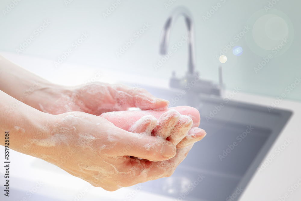Antibacterial soap in the hands. Hand disinfection with soap. Cleanliness and hygiene in everyday life. Hand hygiene Antibacterial soap in the hands. Hand disinfection with soap. Cleanliness and hygiene in everyday life. Hand hygiene