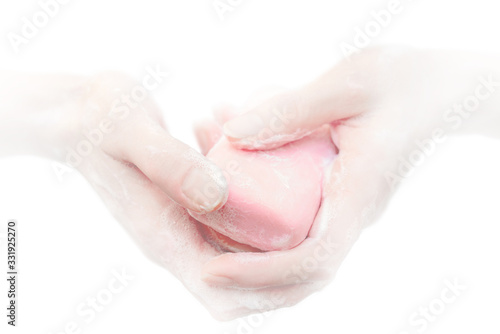 Antibacterial soap in the hands. Hand disinfection with soap. Cleanliness and hygiene in everyday life. Hand hygiene