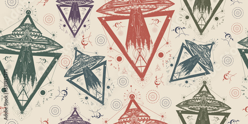 Ufo aliens kidnapped person. Seamless pattern. Packing old paper, scrapbooking style. Vintage background. Medieval manuscript, engraving art. Paranormal Activity, first contact