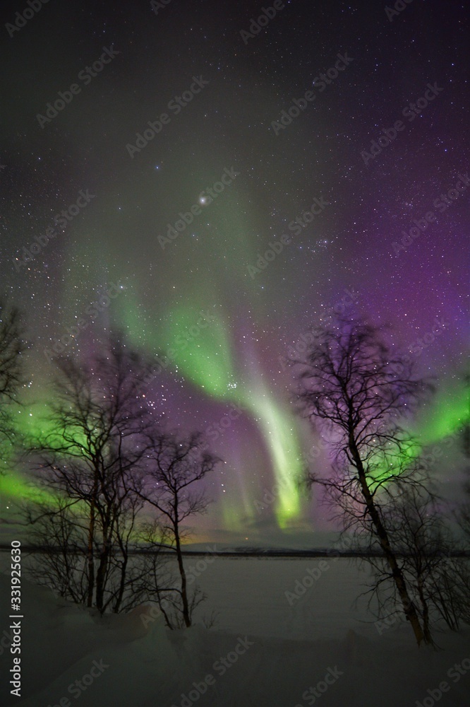 Northern lights in the night sky with winter landscape in Lapland Finland