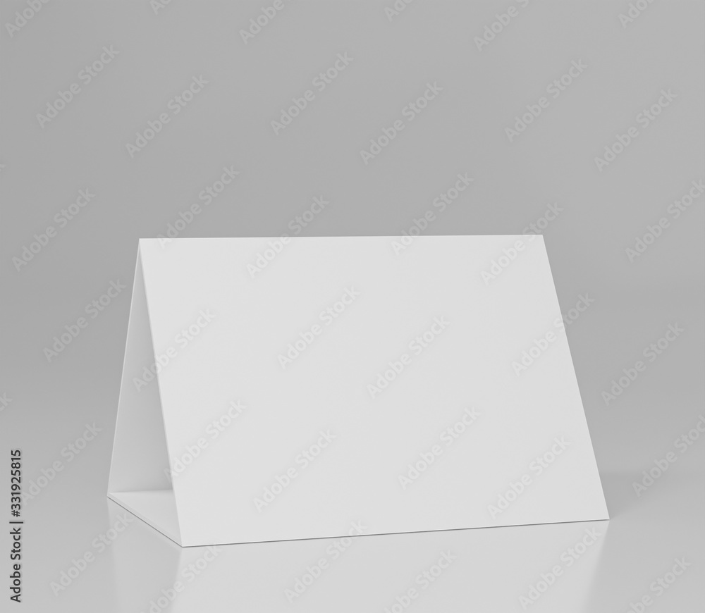 Promotional table talker isolated on white background, mockup template paper tri-fold vertical triangle cards with reflections. white sheets front & right view. 3d render Promotional table talker isolated on white background, mockup template paper tri-fold vertical triangle cards with reflections. white sheets front & right view. 3d render