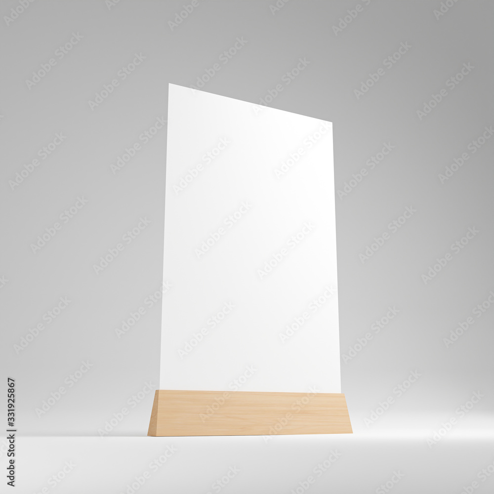 Menu frame standing on wood table isolated on white background with clipping path. space for text marketing promotion Bar restaurant ,Stand for booklets with white sheets of paper. 3d render Menu frame standing on wood table isolated on white background with clipping path. space for text marketing promotion Bar restaurant ,Stand for booklets with white sheets of paper. 3d render