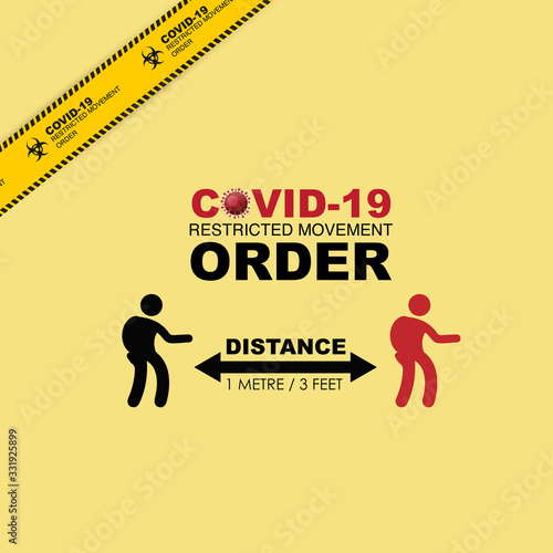 Covid19 restricted movement order, stickman with 1 meter social distance as prevention concept due to partial lockdown.