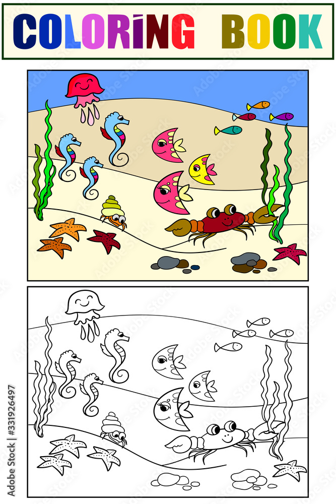 The underwater world, the seabed with its inhabitants. Cartoon raster coloring and color The underwater world, the seabed with its inhabitants. Cartoon raster coloring and color