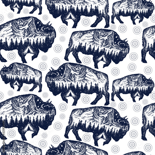 Bison, double exposure animals. Seamless pattern. Packing old paper, scrapbooking style. Vintage background. Medieval manuscript, engraving art. Buffalo bull travel symbol, adventure, tourism