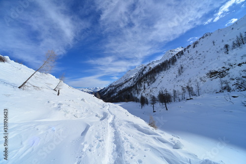 Snowy landscape in the Swiss mountains with a path in the snow with a blue sky © Ben T.