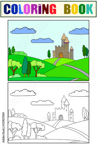 Children coloring book and color example  set. Fairytale castle on the horizon  nature.
