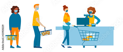 People in medical masks doing shopping in supermarket. Quarantine coronavirus 2019-nCoV in the store. Epidemic Precautions